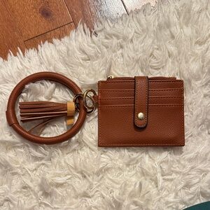 Elegant Tan Leather Card Holder with Tassel Keychain